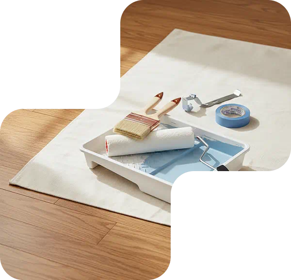 Painting supplies staged on hardwood under a puzzle frame