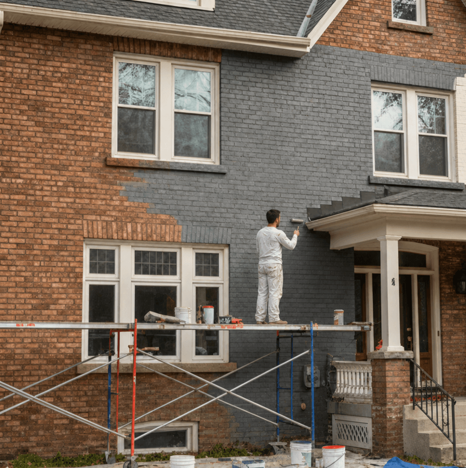 Residential brick exterior being painted and stained