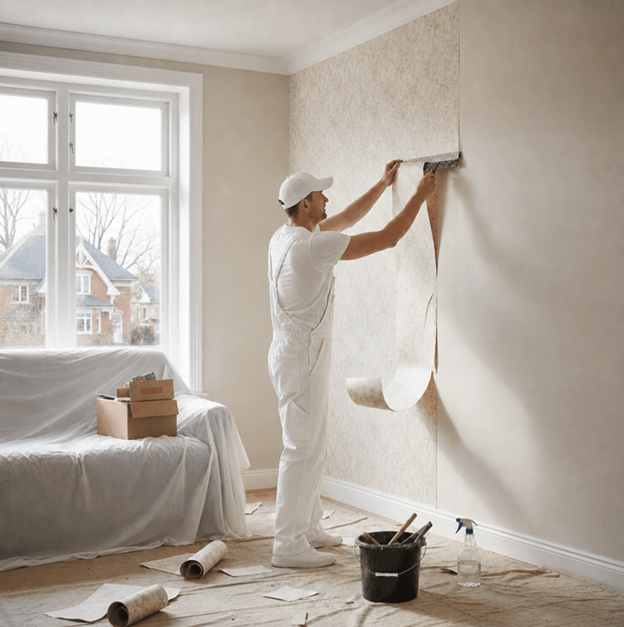 Wallpaper being removed from an interior wall